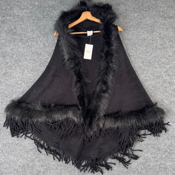 NWT Northern Angel Faux Fur Hooded Poncho Cape Shawl Black Fringe Boho Chic - Picture 1 of 6